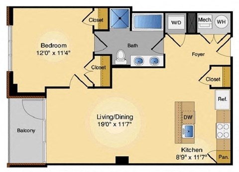 Floor plan for 1 bed, 1 bath, 717 sqft